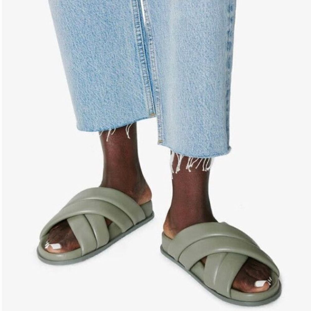 Revolve Anine Bing Lizzie Lamb Leather Slides in Green Khaki Sandals